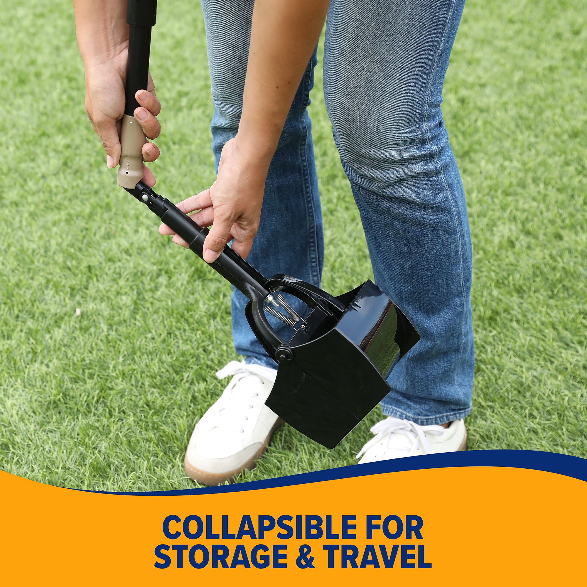 A person in jeans and white sneakers uses an Arm & Hammer Claw Poop Scooper with an extending handle on grass. Text overlay: Collapsible for Storage & Travel.
