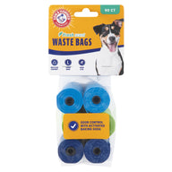 The Arm & Hammer Disposable Waste Bag Refills package includes 90 bags with a dog image, an odor-control fresh scent, and activated baking soda. It features the Arm And Hammer logo and contains three blue rolls and one green roll.