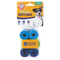 The Arm & Hammer Disposable Waste Bag Refills package includes 90 bags with a dog image, an odor-control fresh scent, and activated baking soda. It features the Arm And Hammer logo and contains three blue rolls and one green roll.