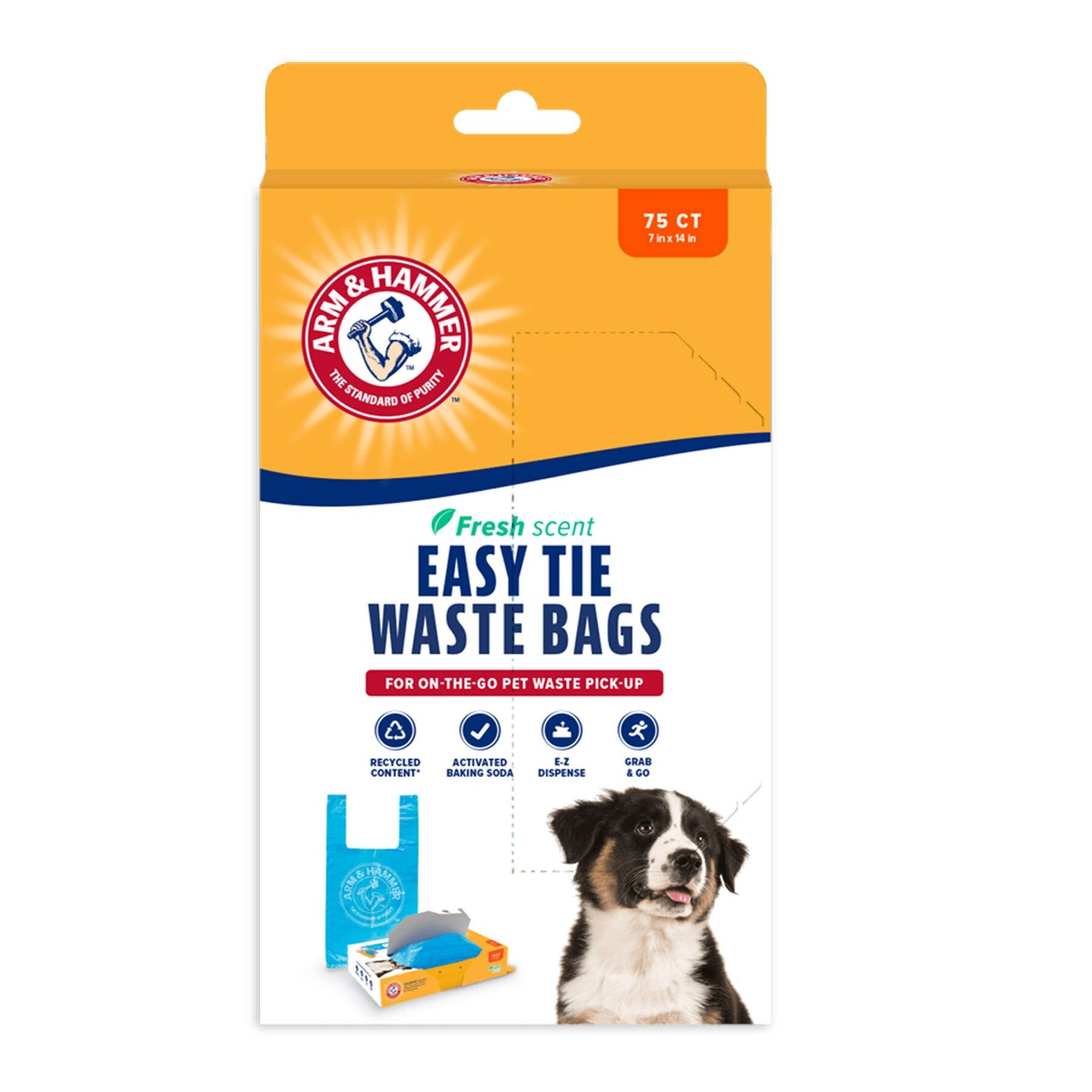The Arm & Hammer Easy-Tie Dog Waste Bags feature 75 fresh-scented bags with activated baking soda for superior odor control, accompanied by a joyful pup and blue bag design.