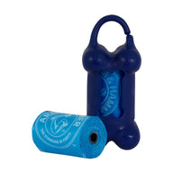 The Arm & Hammer Bone Dispenser & Disposable Waste Bag Set, featuring a blue bone-shaped dispenser and roll of blue bags, displays The Standard of Purity logo. It includes a hook for easy attachment and odor control by Arm And Hammer.