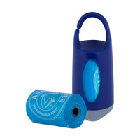 The Arm & Hammer Dispenser & Disposable Waste Bag Set, in blue and from the brand Arm And Hammer, includes a dispenser with a hanging hook housing a roll of blue odor-control dog waste bags. Another logo-printed roll is placed beside it.