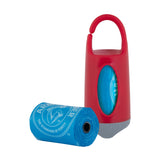 The Arm & Hammer Dispenser & Disposable Waste Bag Set includes a red and gray dispenser with a hook, containing blue rolls of dog waste bags with white text and graphics. One roll is inside for odor control, and another is placed upright beside it.