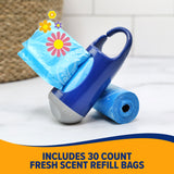 The Arm & Hammer Dispenser (blue and gray with a hook) and colorful flower-designed blue bags are on the countertop. Text states, INCLUDES 30 COUNT FRESH SCENT REFILL BAGS on a yellow and blue background, ensuring odor control.