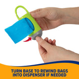Hands hold an Arm & Hammer Dispenser & Disposable Waste Bag Set in green and gray with a blue bag partly pulled out. The red arrow shows you can turn the base to rewind bags if needed. Enjoy built-in odor control for freshness.