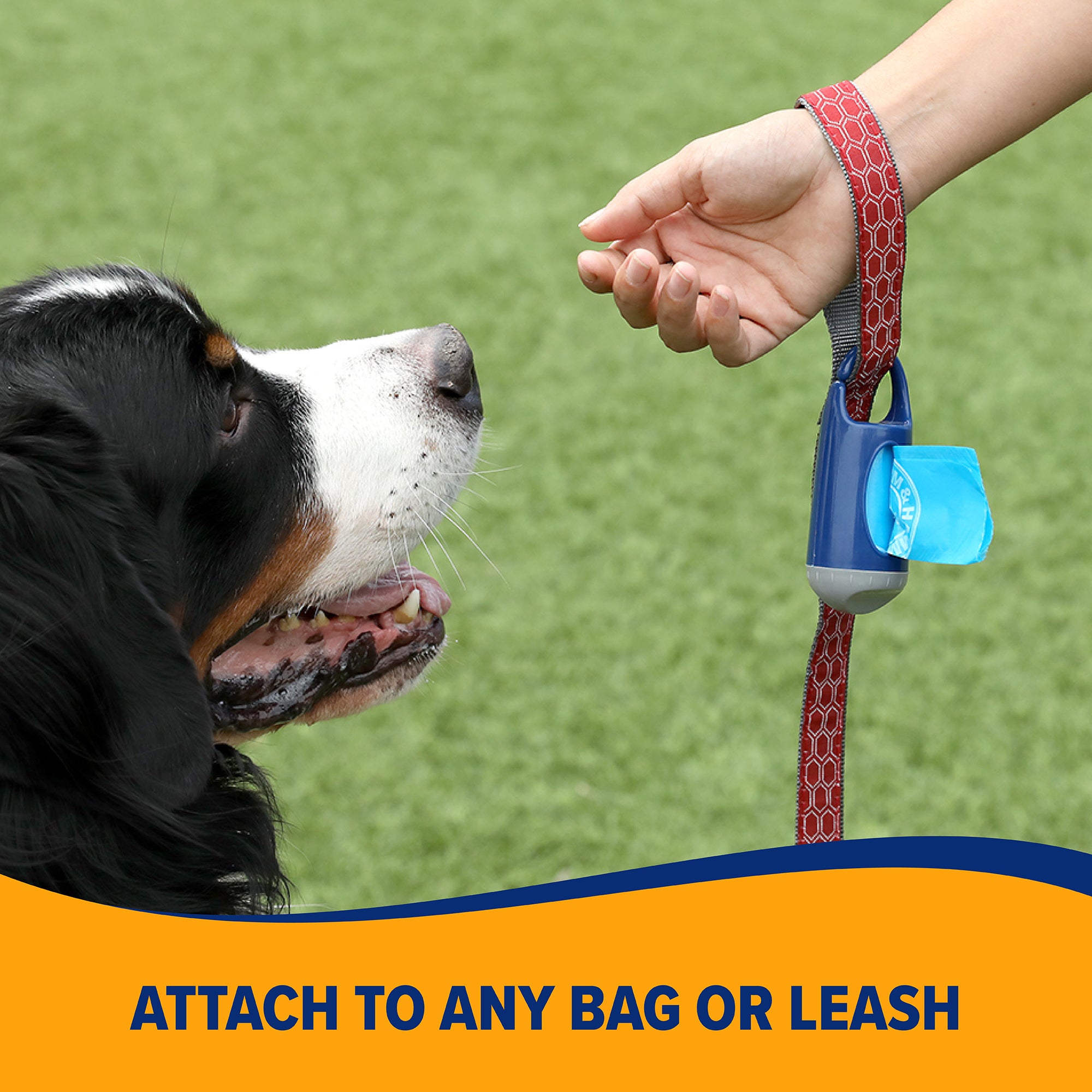 A big tricolored dog on grass eyes a hand with a red leash attached to an Arm & Hammer Dispenser & Disposable Waste Bag Set. Text below reads, Attach to any bag or leash.