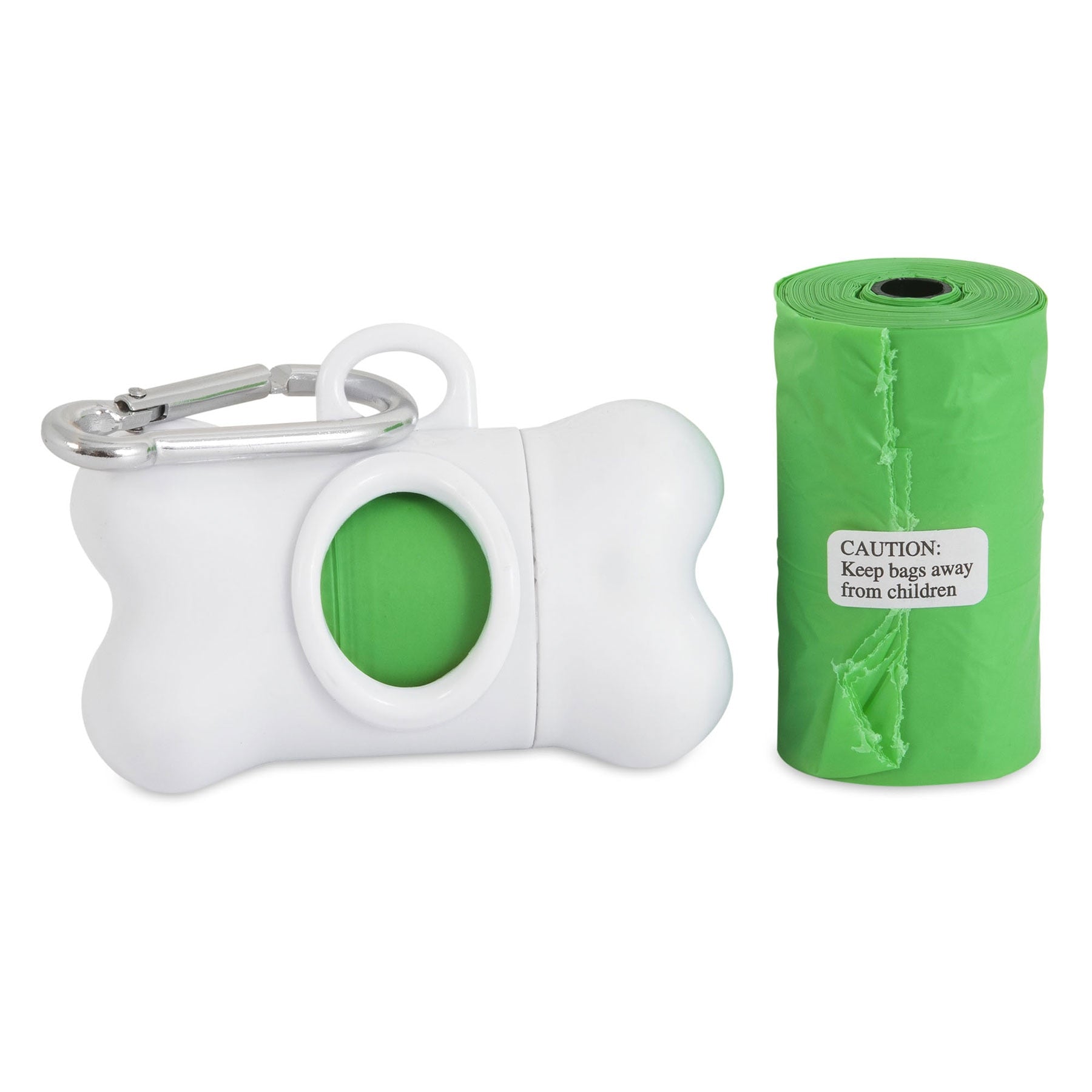 The Arm & Hammer Bone Dispenser & Cornstarch Waste Bags features a white bone-shaped dispenser with a metal clip and green bags. A caution advises, Keep bags away from children.