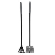 The Petmate Clean Response Aluminum Rake & Pan set includes a black, rust-resistant rake with wide prongs and a flat-base shovel. Both tools feature sleek grey handles and stand upright against a white background, perfect for fireplace cleaning or versatile tasks like backyard dog poop clean-up.
