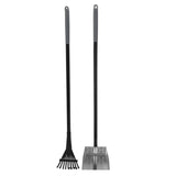 The Petmate Clean Response Aluminum Rake & Pan set includes a black, rust-resistant rake with wide prongs and a flat-base shovel. Both tools feature sleek grey handles and stand upright against a white background, perfect for fireplace cleaning or versatile tasks like backyard dog poop clean-up.