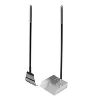 The Petmate Clean Response Aluminum Rake & Pan, featuring a black and silver rust-resistant dustpan and aluminum rake with long handles and gray grips, allows for easy backyard dog poop cleanup without bending over.