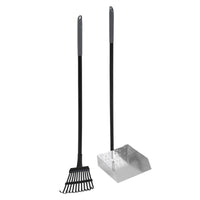 Introducing the Petmate Clean Response Aluminum Rake & Pan set, perfect for backyard dog waste cleanup. This rust-resistant toolset features a black-handled rake with multiple prongs and a perforated dustpan, both with long handles. Practical and stylish by Petmate.