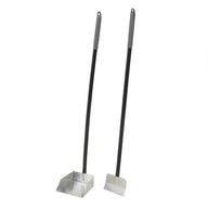 The Petmate Clean Response Aluminum Spade & Pan Pooper Scooper Set features two metal scoops with long black handles and gray grips. One scoop is flat like a spade, while the other is slightly curved, standing upright against a white background for efficient handling.