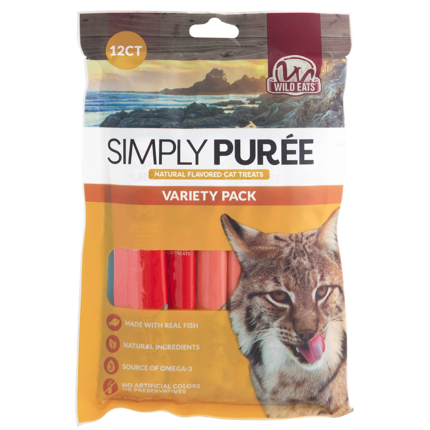 Packaging for Wild Eats Simply Puree Variety Pack cat treats showcases a cat image and highlights benefits: made with real fish, contains Omega-3 for hydration, and free from artificial colors or preservatives. This variety pack includes twelve natural pet food treats by Wild Eats.