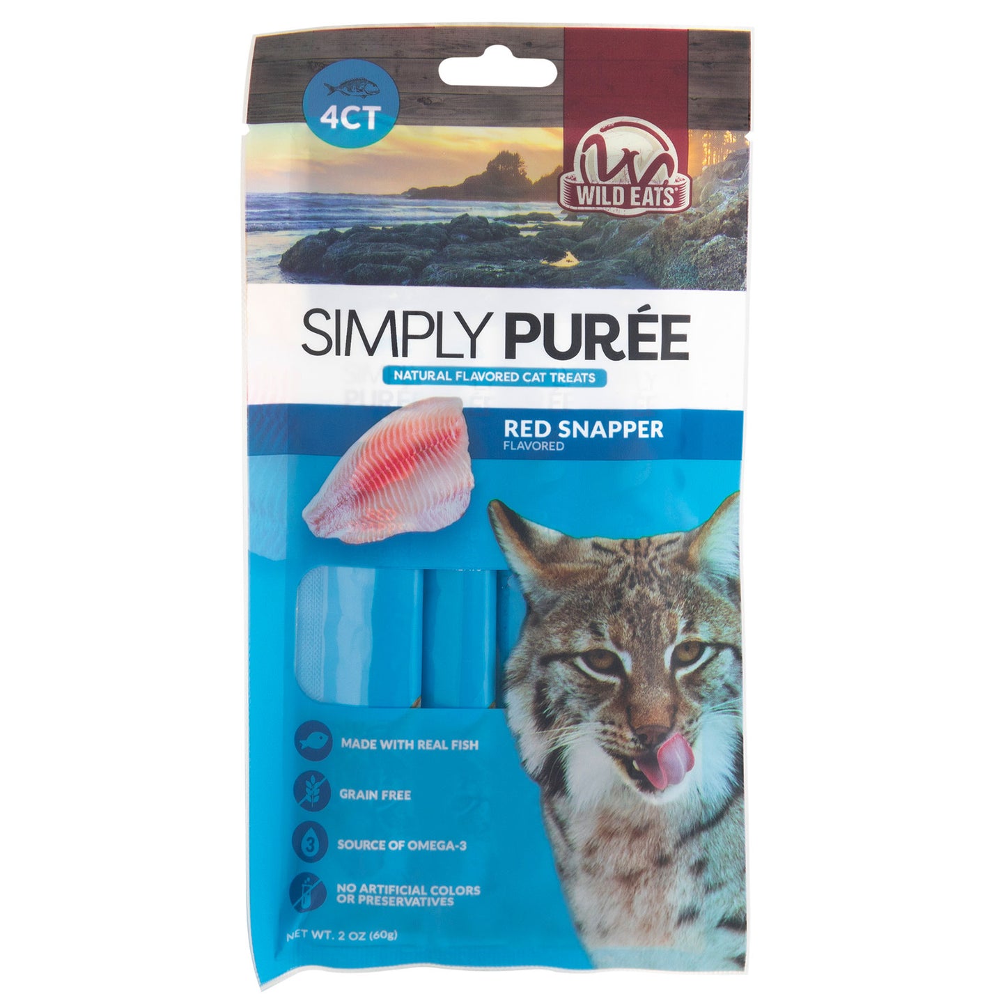 The Wild Eats Simply Puree Red Snapper Cat Treats package, in blue, features a cat licking its lips and a red snapper. These grain-free treats, rich in Omega-3 and made with real fish, come in a three-pack to delight your feline.