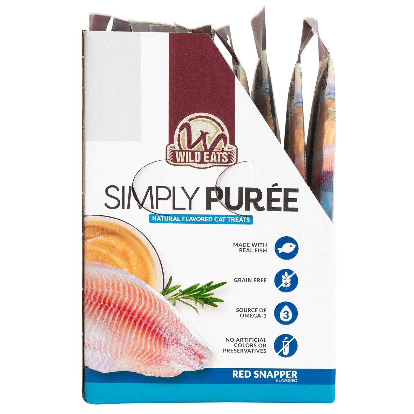 Wild Eats Simply Puree Red Snapper Cat Treats emphasize real fish for Omega-3. These treats are grain-free and contain no artificial colors or preservatives, making them a wholesome choice for your feline friend.