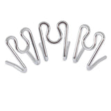 Three links from the Aspen Pet Heavy Duty Prong Collar Replacement Links are showcased in a curved line. Each silver metal link has a wavy design, set against a plain white background, offering both practicality and comfort for pets.