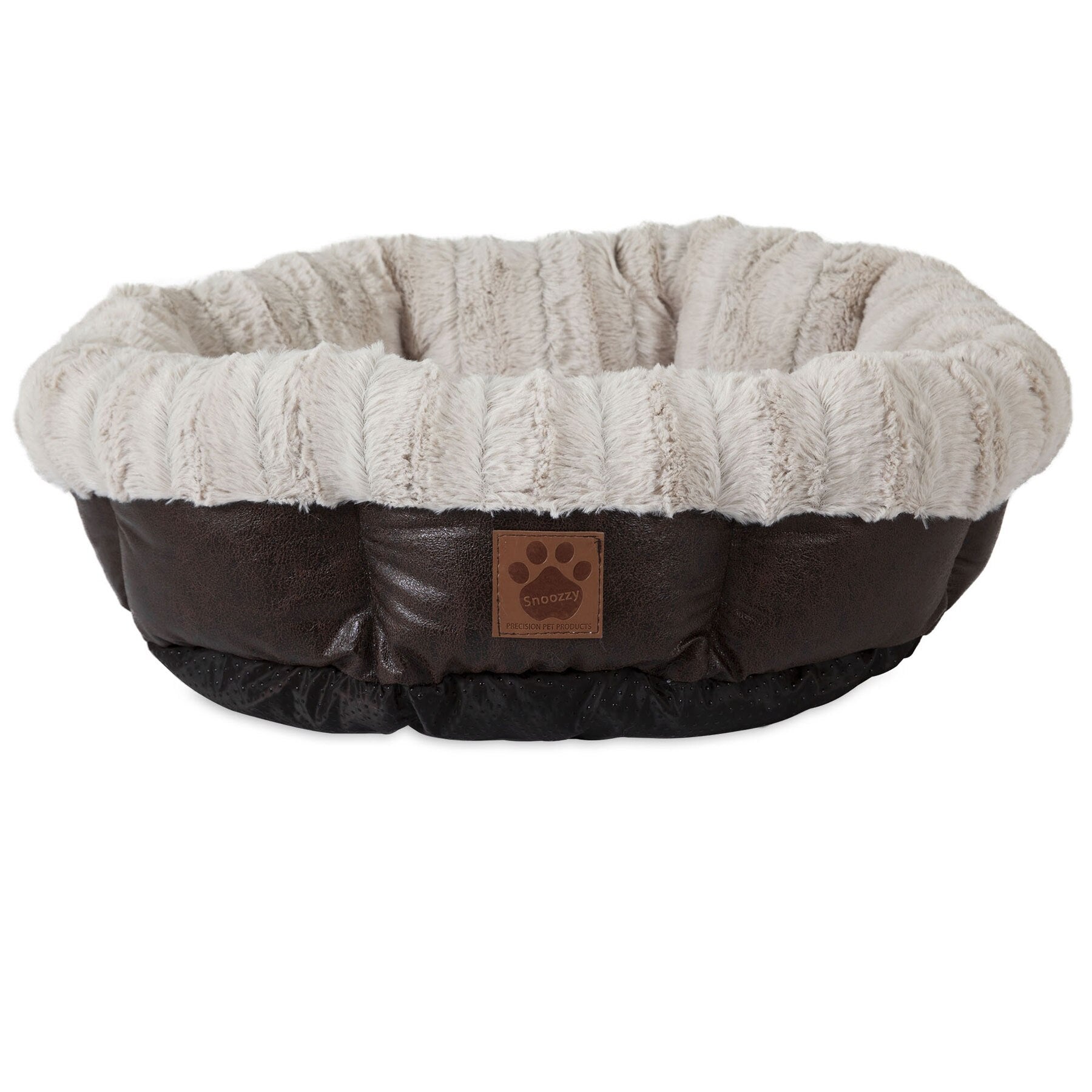 Introducing the SnooZZy Rustic Luxury Ultra Cuddler Pet Bed: a round, plush haven with a soft light gray rim and dark brown base. Its cozy texture offers rustic luxury for your pet, featuring a small paw print logo on the front and a non-skid bottom for stability.