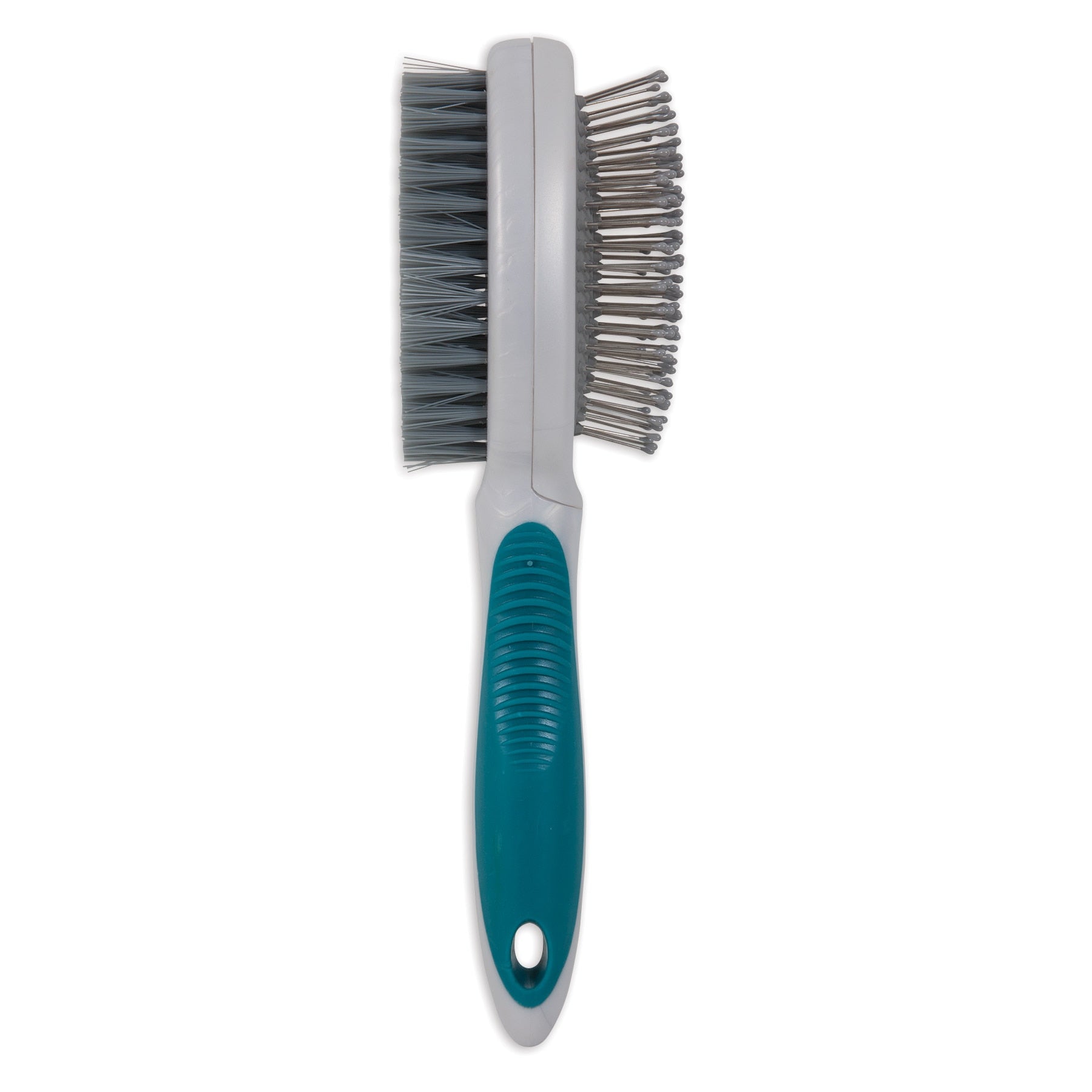 Introducing the Aspen Pet Furbuster Dog Pin/Bristle Brush by Aspen Pet, offering a dual-sided design with dense, soft bristles on one side and rounded metal pins on the other. The teal handle provides a textured grip for comfortable dog grooming sessions.