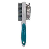 Introducing the Aspen Pet Furbuster Dog Pin/Bristle Brush by Aspen Pet, offering a dual-sided design with dense, soft bristles on one side and rounded metal pins on the other. The teal handle provides a textured grip for comfortable dog grooming sessions.