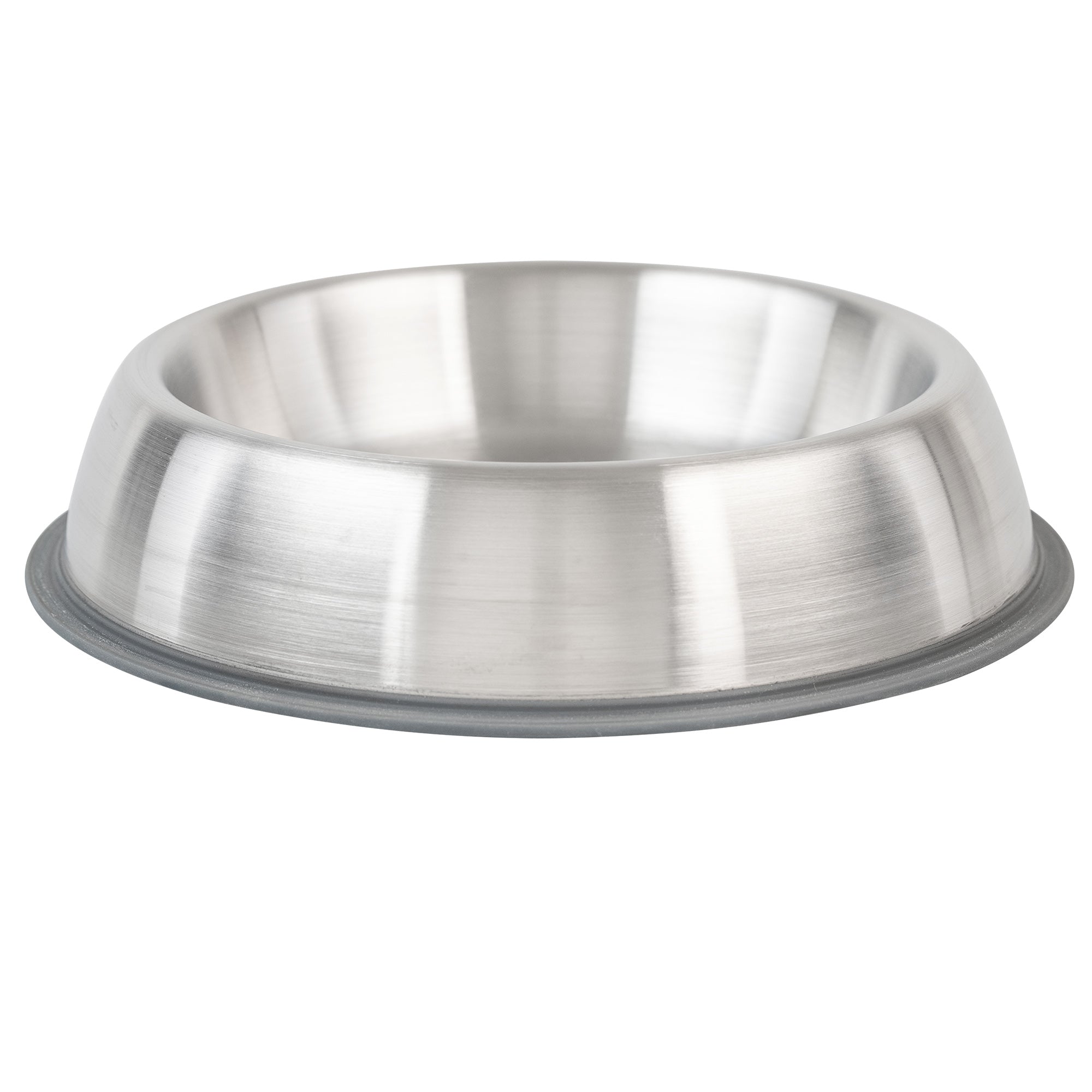 The PetFusion Premium Brushed Anti-Tip Dog & Cat Bowls Set, from the brand Petfusion, features a high-grade stainless steel bowl with a slightly raised edge. It has a smooth, reflective surface and a non-slip rubber base to prevent movement during mealtime. The bowl sits against a plain white background.