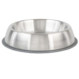 The PetFusion Premium Brushed Anti-Tip Dog & Cat Bowls Set, from the brand Petfusion, features a high-grade stainless steel bowl with a slightly raised edge. It has a smooth, reflective surface and a non-slip rubber base to prevent movement during mealtime. The bowl sits against a plain white background.
