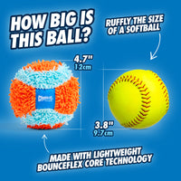 Image compares balls: Left is Chuckit! Indoor Ball, orange and blue, 4.7 inches/12cm; right is a yellow softball, 3.8 inches/9.7cm. Text above: How big is this ball? Below: Features lightweight Bounceflex Core for Chuckit Launcher.