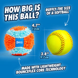 Image compares balls: Left is Chuckit! Indoor Ball, orange and blue, 4.7 inches/12cm; right is a yellow softball, 3.8 inches/9.7cm. Text above: How big is this ball? Below: Features lightweight Bounceflex Core for Chuckit Launcher.