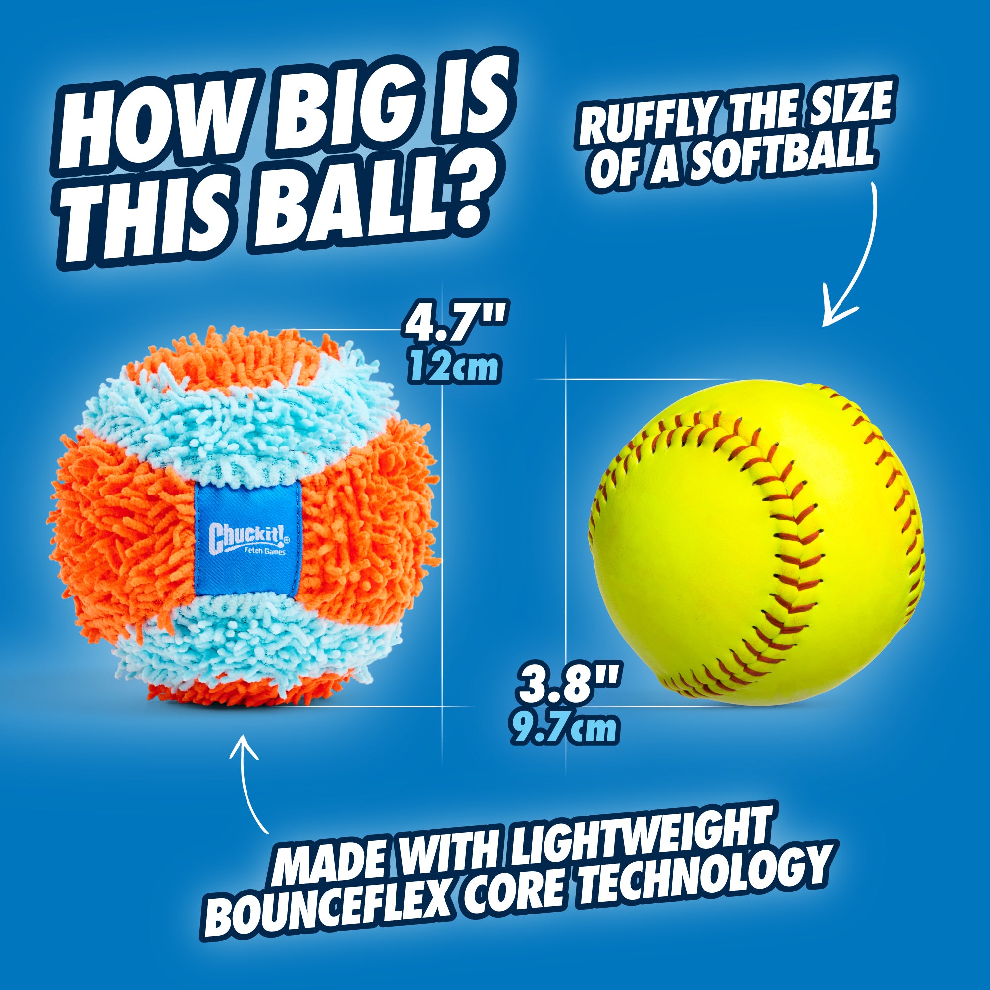 Image compares balls: Left is Chuckit! Indoor Ball, orange and blue, 4.7 inches/12cm; right is a yellow softball, 3.8 inches/9.7cm. Text above: How big is this ball? Below: Features lightweight Bounceflex Core for Chuckit Launcher.
