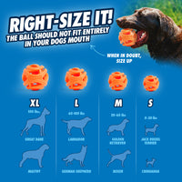 The Right-Size It! guide recommends the Chuckit! Air Fetch Ball in orange for different dog breeds: XL for Great Danes, L for Labradors, M for Golden Retrievers, and S for Chihuahuas, ensuring it wont fully fit in their mouths.