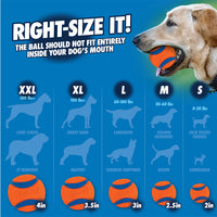 The Right-Size It! guide for Chuckit! Ultra Squeaker Ball by Chuckit features durable rubber and buoyant design: XXL 4in for 100+ lbs, XL 3.5in for 100 lbs, L 3in for 60-100 lbs, M 2.5in for 20-60 lbs, and S 2in for up to 20 lbs.