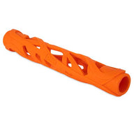The Chuckit! Air Fetch Stick Dog Toy by Chuckit is an orange rubber toy for dogs, featuring a durable hollow cylindrical structure with a geometric cutout design for endless fetch fun.