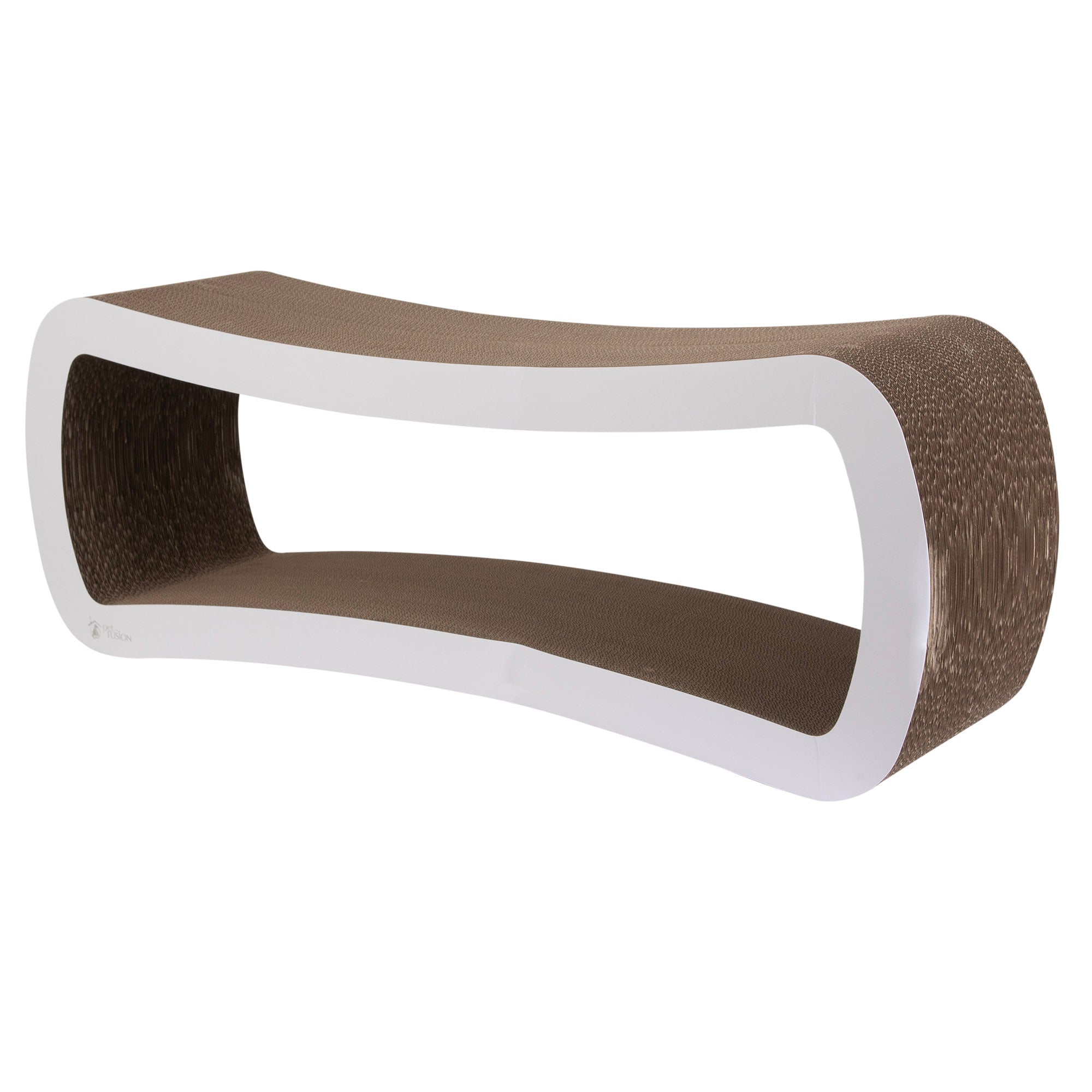 The PetFusion Jumbo Cat Scratcher Lounge by Pet Fusion is a modern pet furniture piece shaped like a curved bench, featuring a cardboard scratching surface and sleek white frame. Its open, hollow design allows cats to scratch, play, or rest comfortably.