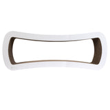 The PetFusion Jumbo Cat Scratcher Lounge by Pet Fusion is a white, curvy rectangular board with a hollow center and cardboard interior, providing your cat with the perfect spot for scratching and lounging. This chic piece of pet furniture is sure to be adored by your feline friend.