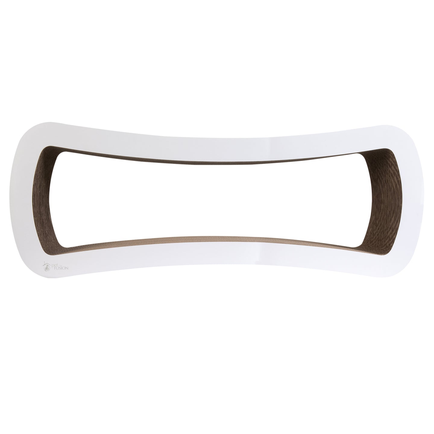 The PetFusion Jumbo Cat Scratcher Lounge by Pet Fusion is a white, curvy rectangular board with a hollow center and cardboard interior, providing your cat with the perfect spot for scratching and lounging. This chic piece of pet furniture is sure to be adored by your feline friend.