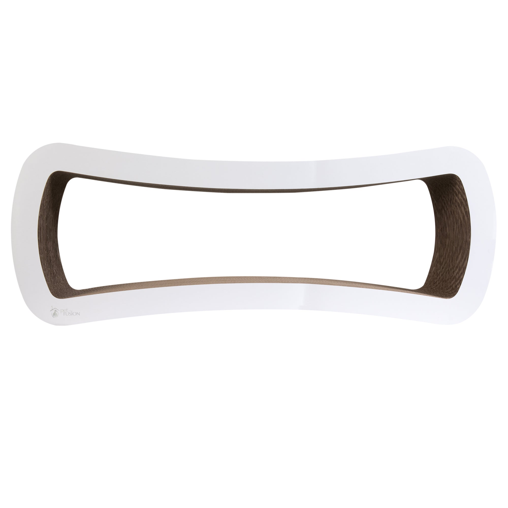 The PetFusion Jumbo Cat Scratcher Lounge by Pet Fusion is a white, curvy rectangular board with a hollow center and cardboard interior, providing your cat with the perfect spot for scratching and lounging. This chic piece of pet furniture is sure to be adored by your feline friend.