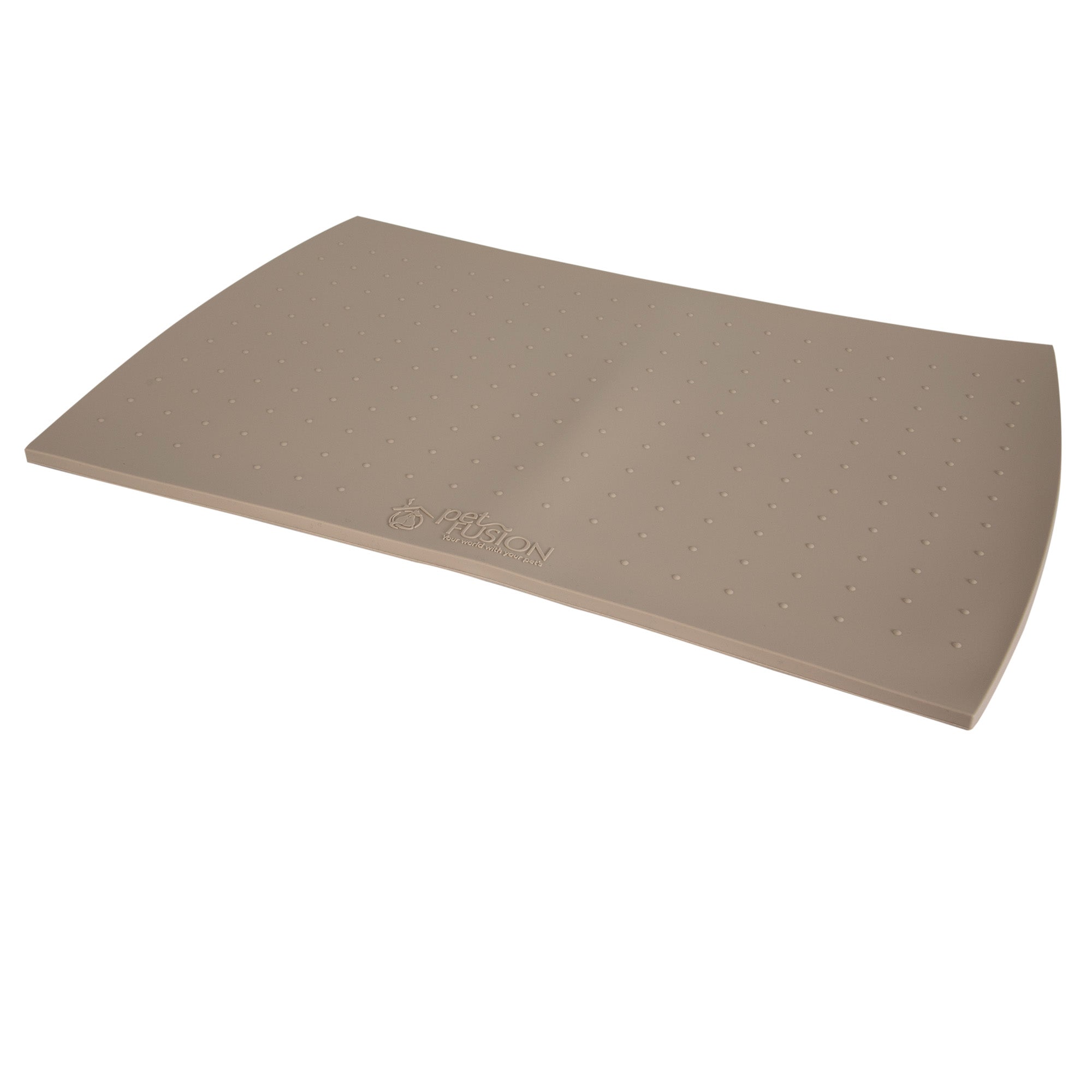 The PetFusion Pet Food Mat in Premium silicone features a tan, gently curved design with a textured surface and anti-slip bumps. Small dimples accent its look, with the Petfusion logo at the center.