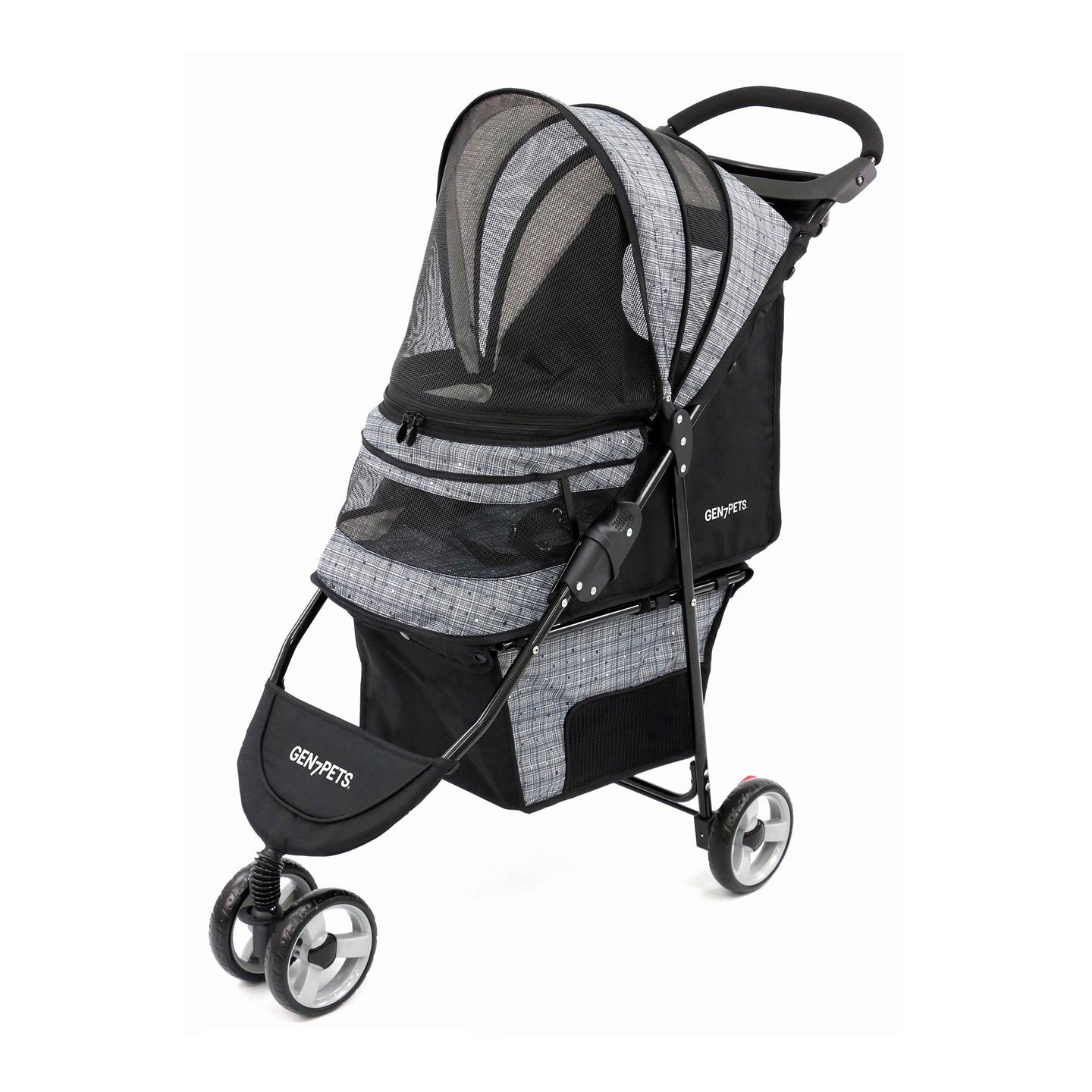 The Gen7Pets Starry Night Gray Regal Plus Pet Stroller by Gen7 features a black and gray design with a checkered pattern, Smart-Canopy mesh cover, three wheels, storage compartment underneath, and a cup holder on the Smart-Reach Handle for convenient outings.