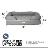 The PetFusion Ultimate Dog Bed with memory foam, from Petfusion, is gray and measures 25x20x5.5. Suitable for dogs up to 30 lbs, like Boston Terriers, it offers joint pain relief for comfort. Includes a dog icon. Ideal as a medium bed option.