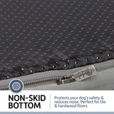 A close-up of the PetFusion Ultimate Dog Bed shows its PF-tagged zipper and non-skid bottom with small grip-enhancing dots. The memory foam offers joint pain relief and anxiety support, while the non-skid base ensures safety on tile and hardwood floors.
