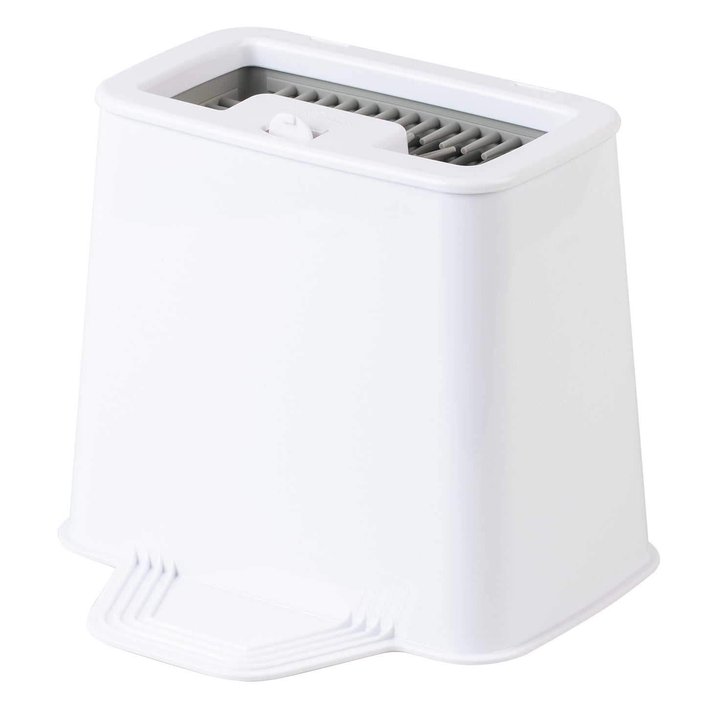 The PetFusion 2-in-1 Universal Litter Scoop Holder by PetFusion is a white, rectangular plastic container with a vented top and ridged foot panel. Its waterproof, hypoallergenic silicone design ensures durability and easy cleaning or storage.