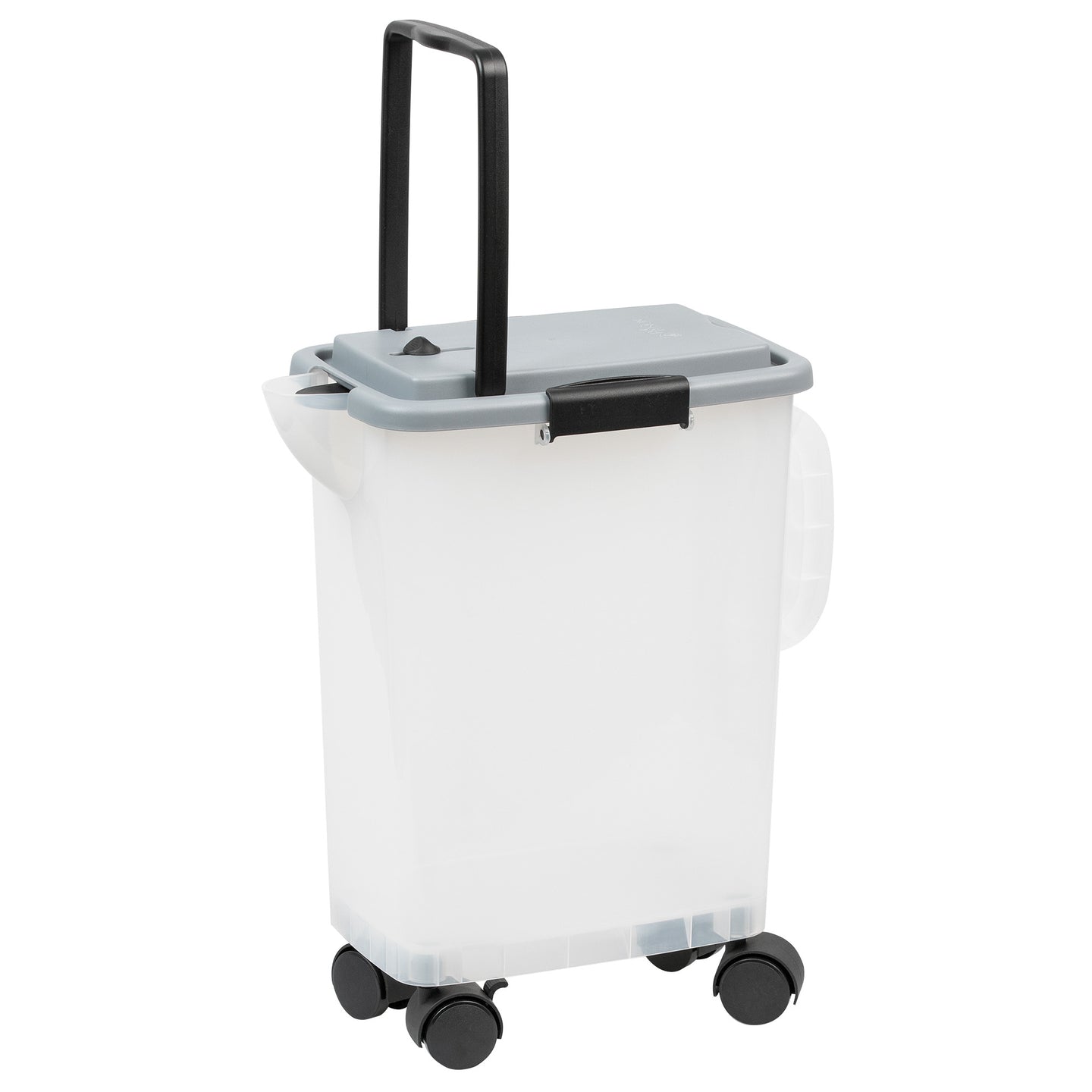 The PetFusion BetterBin by Pet Fusion is a clear litter storage container with a gray lid, black handle, and four wheels. Made from durable plastic, it features an extended handle and side grip for easy portability.