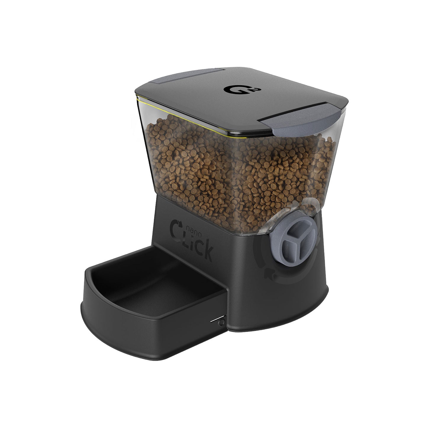 The transparent pet feeder, named Nano Click Manual Pet Feeder by Gamma2, contains brown kibble and includes a gray rotating knob. Its dark gray base with an integrated feeding tray utilizes Gamma Seal Technology for an airtight seal.