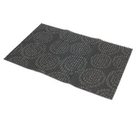 The Petmate Ribbed Foam Feeding & Watering Mat blends style and function with its rectangular dark gray felt and circular ribbed design. Its non-skid backing provides stability, making it a stylish and practical addition to any dining area.