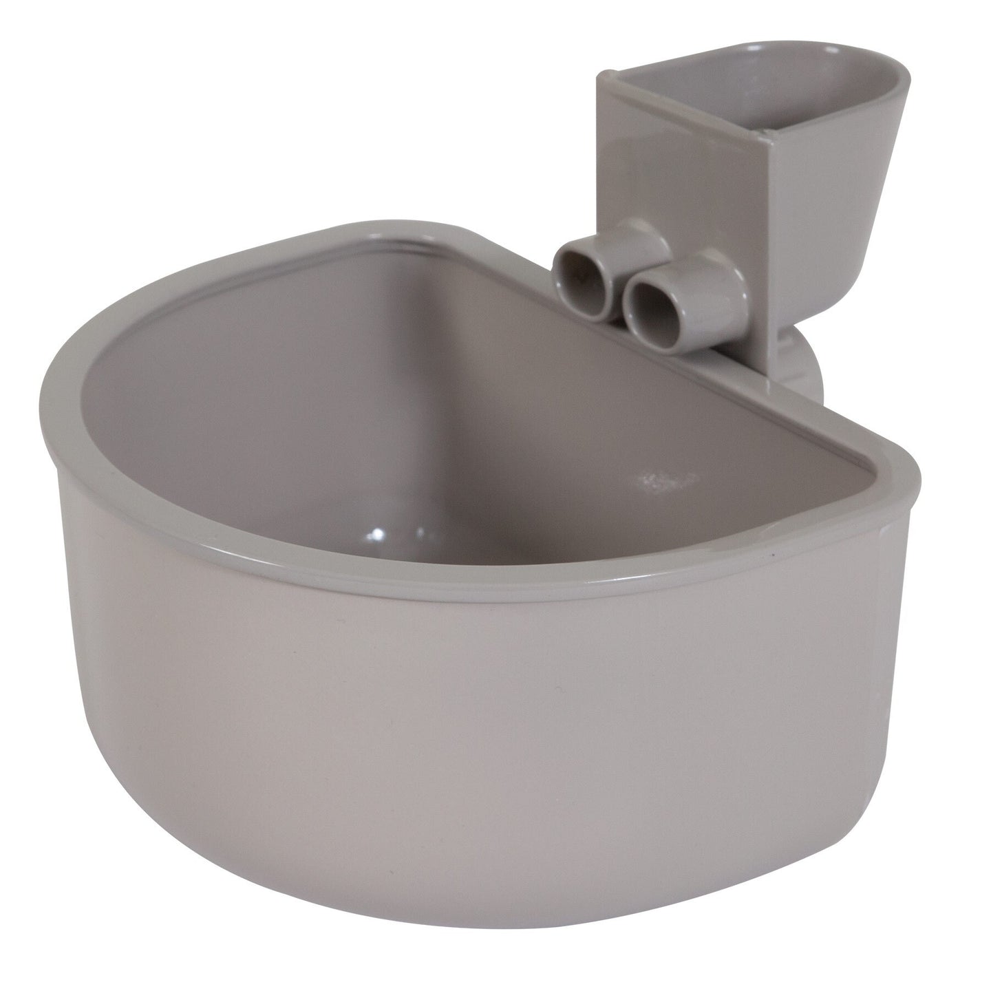 The Petmate No Spill Kennel Cup by Petmate is a gray automatic livestock drinking bowl featuring a rectangular base, two spouts, and an attached float mechanism for regulating water levels. Ideal for farms or stables.