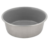 The Petmate Painted Stainless Steel Pet Bowl is round and silver with a shiny, rust-resistant surface. It features high sides and an open top, making it perfect for mixing or serving. The interior is smooth and reflective.