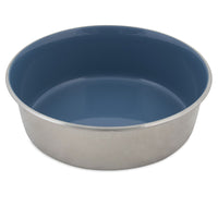 The Petmate Painted Stainless Steel Pet Bowl is round and deep with a rust-resistant, smooth reflective exterior and a sleek blue interior.
