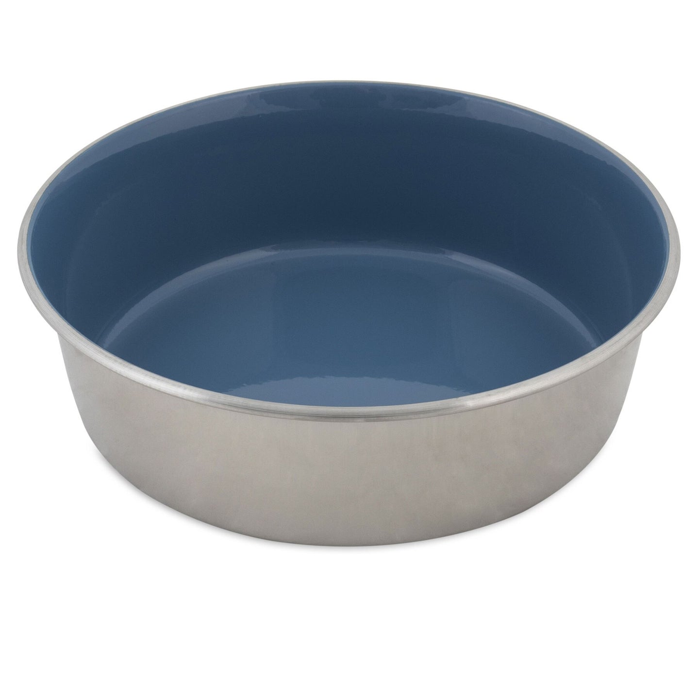 The Petmate Painted Stainless Steel Pet Bowl is round and deep with a rust-resistant, smooth reflective exterior and a sleek blue interior.