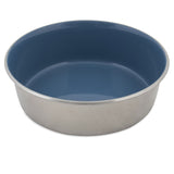 The Petmate Painted Stainless Steel Pet Bowl is round and deep with a rust-resistant, smooth reflective exterior and a sleek blue interior.