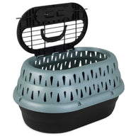The Petmate E-Z Load Top Load Cat Kennel by Petmate features a black base, light blue ventilated lid, built-in top handle, metal grid door for security, and 360-degree ventilation to help reduce travel stress for your pet.