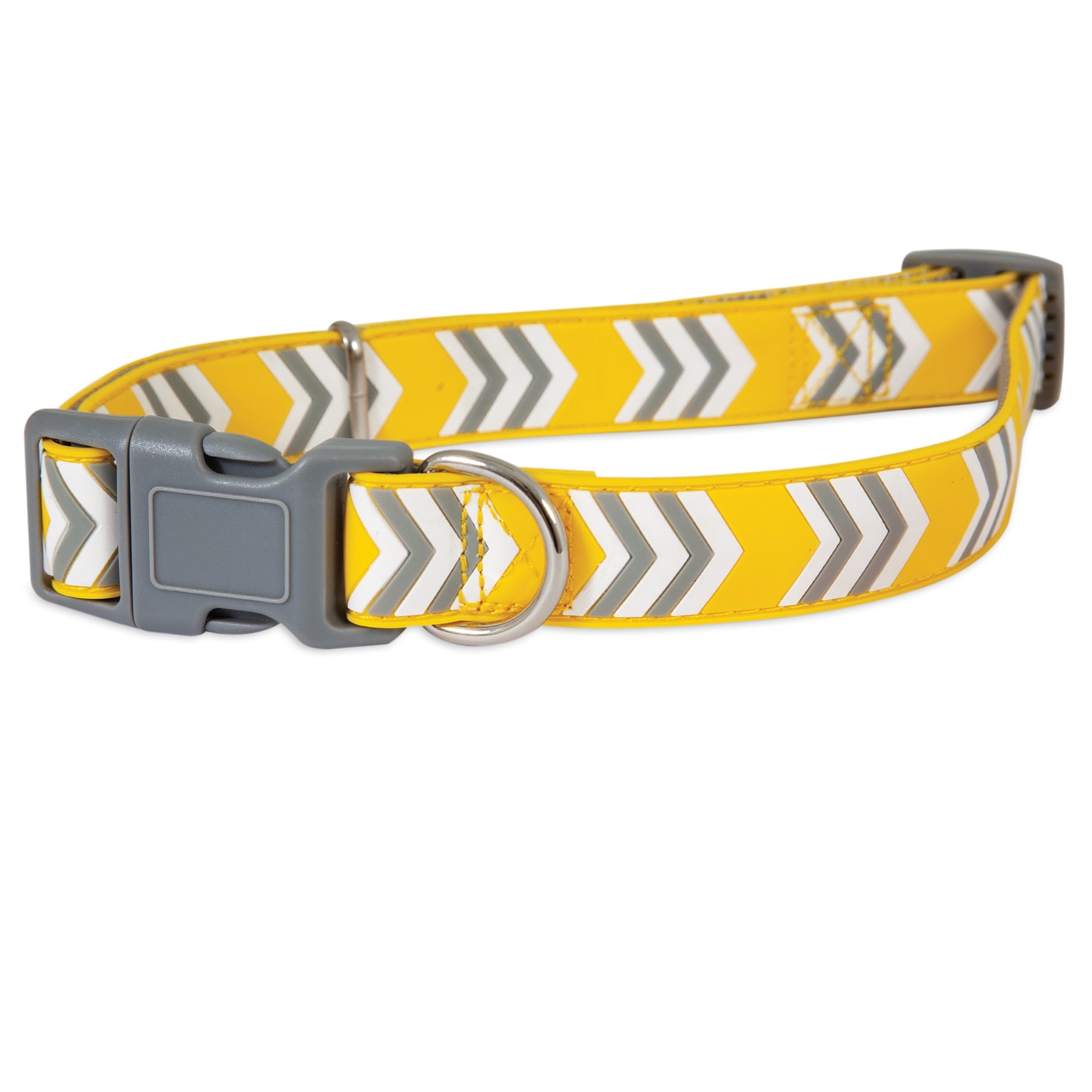 The Petmate Yellow Chevron Rubber Adjustable Dog Collar features a stylish yellow chevron pattern with gray and white accents, a sturdy gray plastic buckle, and a metal D-ring for leash attachment, offering both style and functionality.